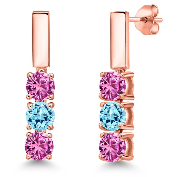 Gem Stone King 18K Rose Gold Plated Silver Pink Created Sapphire and Blue Apatite Drop Dangle Earrings for Women | 1.60 Cttw | Gemstone September Birthstone | Round 5MM
