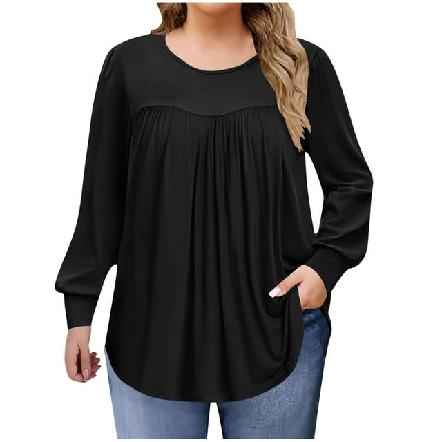 Lmnyox Hauts Grande Taille pour Femmes, Manches Longues Surdimensionnées, Col Rond, Chemises Plissées, Blouses Décontractées Mode
