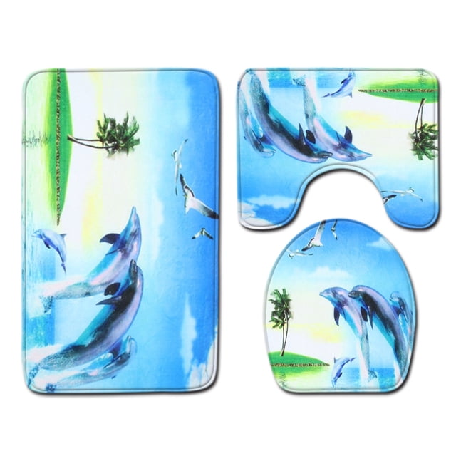 Juego de alfombrillas para baño con diseño de delfín y océano en 3D, antideslizantes