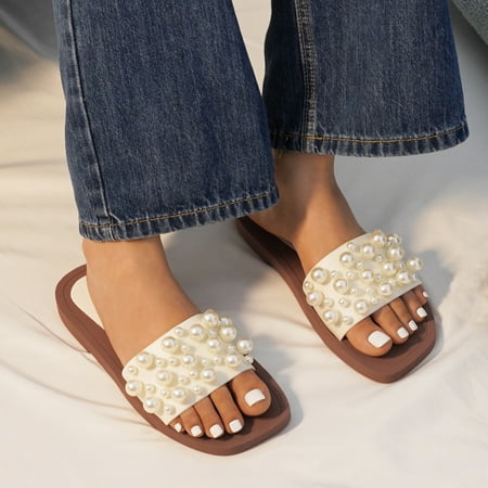 

Kenmeko Summer Shose 2022 Women Slippers Pearl Slippers Fashion All Match Casual Pearl Non Slip Beach Sandals J14