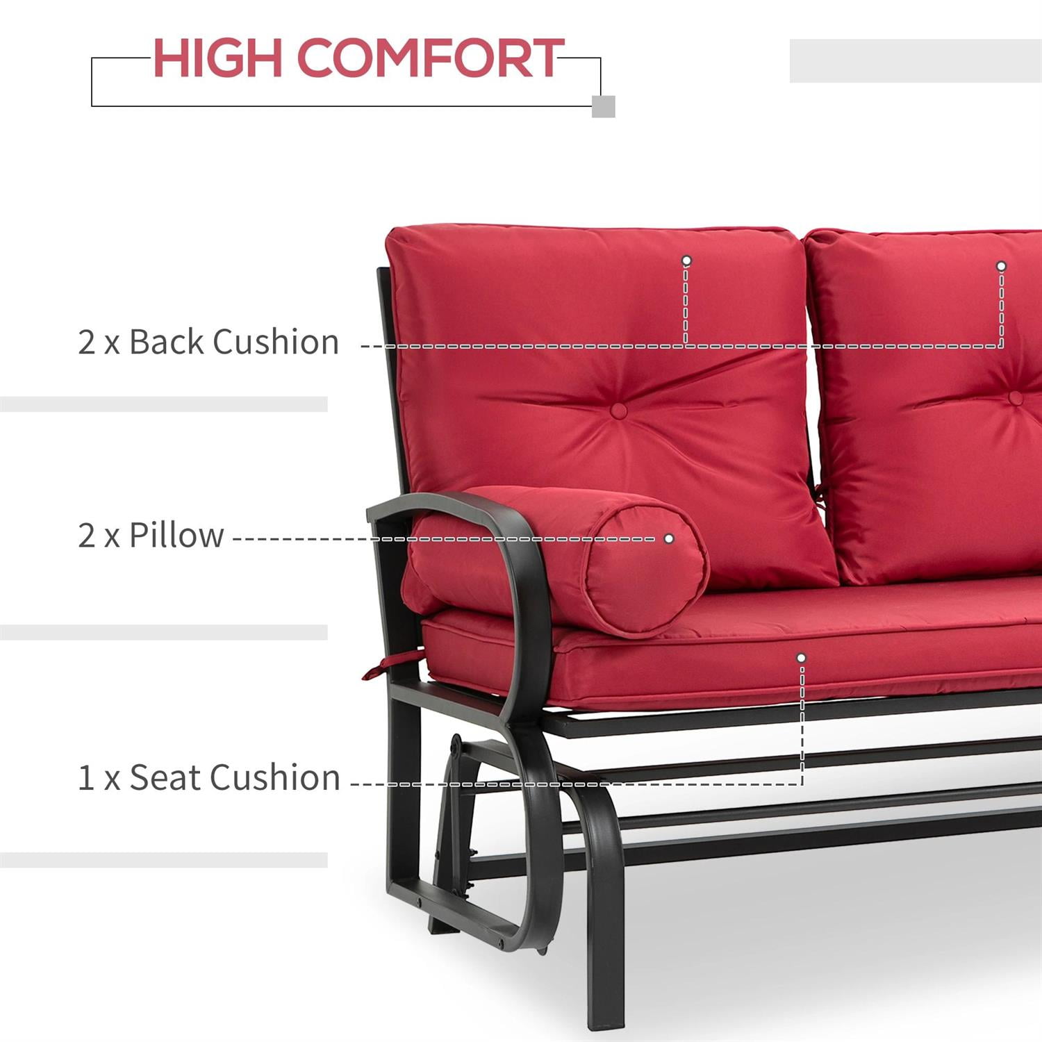 Demi Bonn Outdoor Glider Chairs Swing Glider Rocking Chair, Double Patio Bench, 2 Person Loveseat with Steel Frame, Cushions, Pillow Armrests, Red