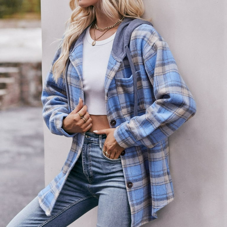 Shackets for Women 2024 Casual Plaid Hooded Flannel Shacket