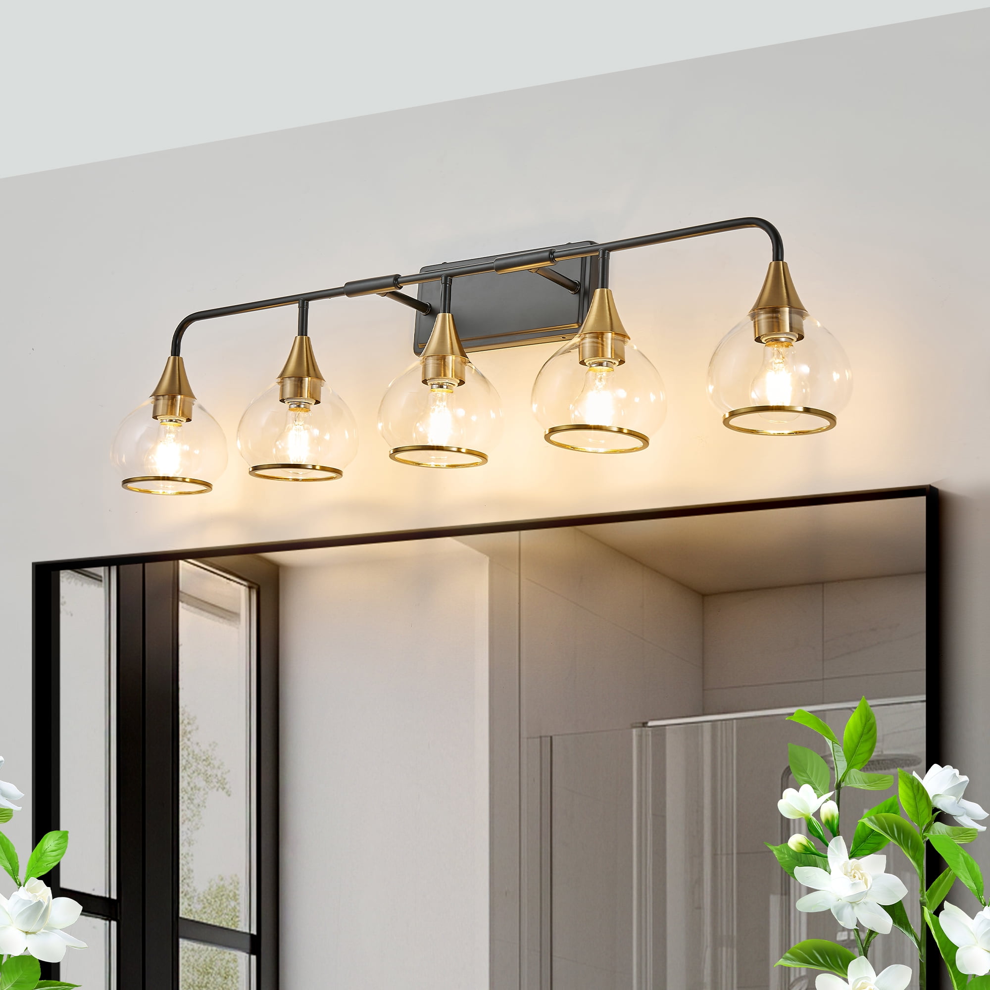 Matte Black and Gold bathroom 5 Light Bulbs Fixtures over mirror for Ceiling for House Toilet, bathroom and bedroom vanity