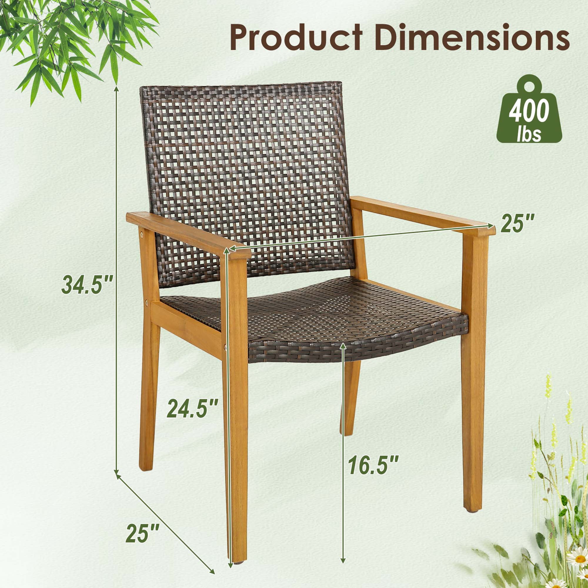 Costway Set of 4 Patio Dining Chairs Outdoor Acacia Wood Rattan Armchairs Garden Balcony