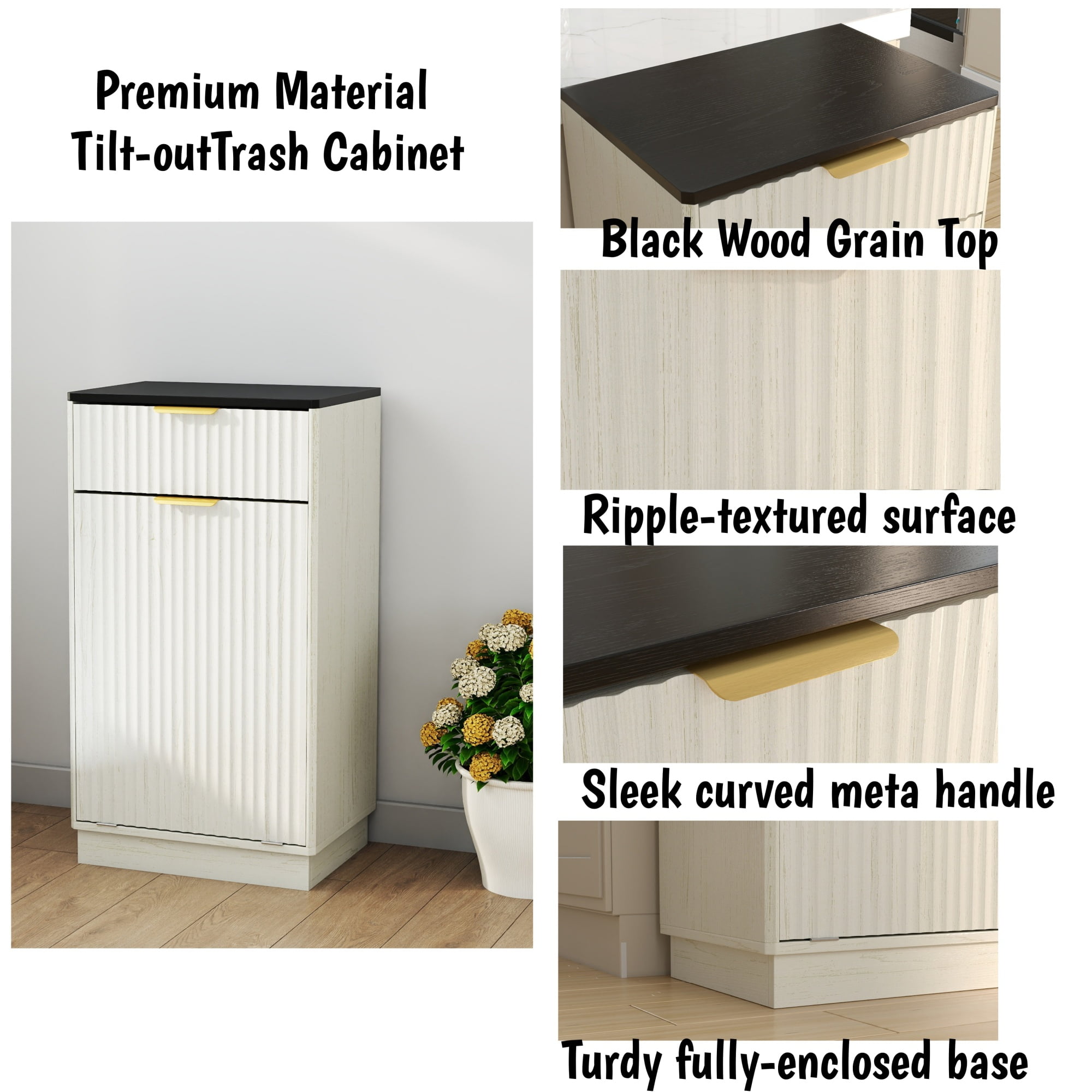 Jopath 10-Gallon Woodgrain Tilt-Out Trash Can Cabinet with Wave-Textured Drawer and Pull-Out Bin for Living room Bathroom Kitchen White