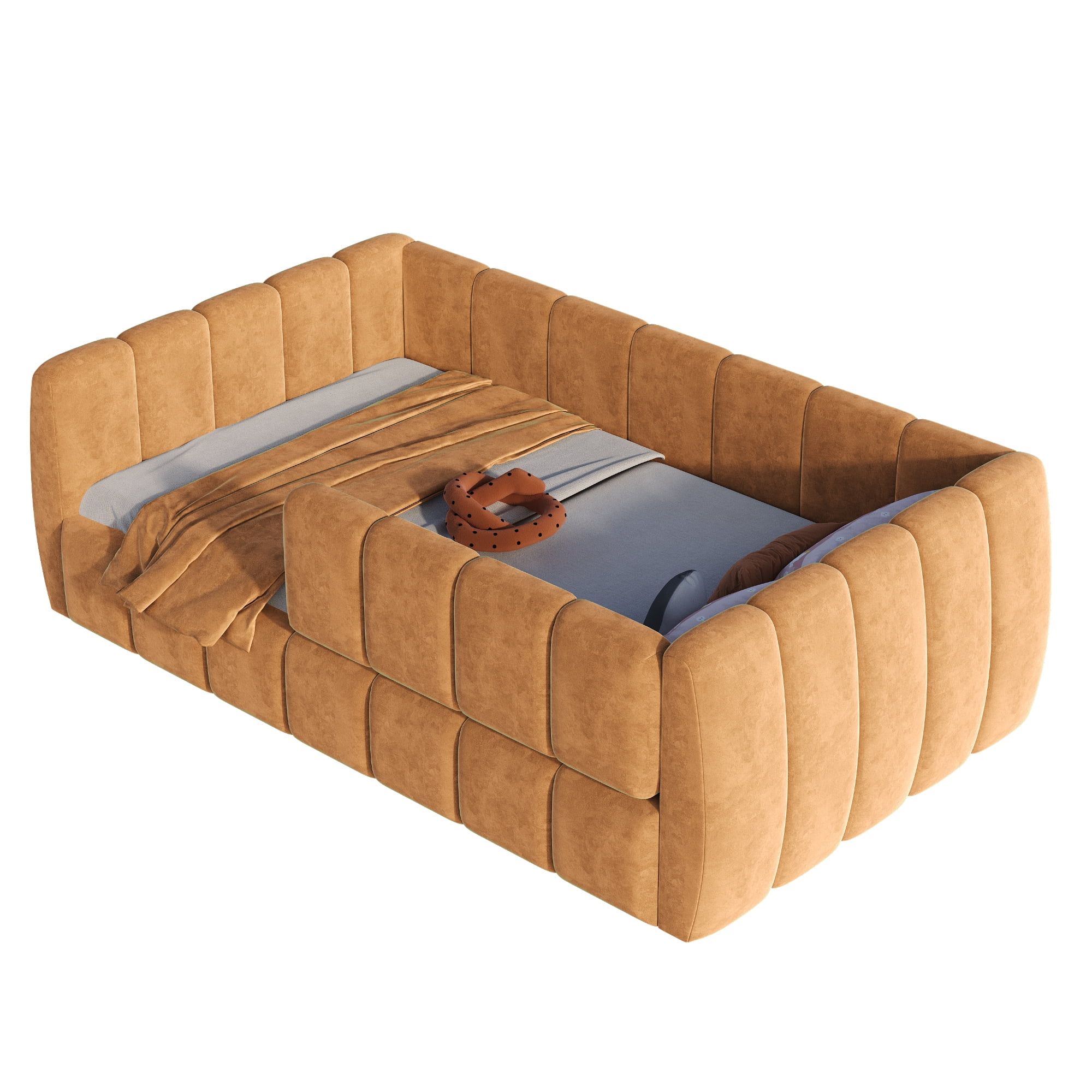 Euroco Upholstery Toddler Floor Bed with Guardrails, Orange