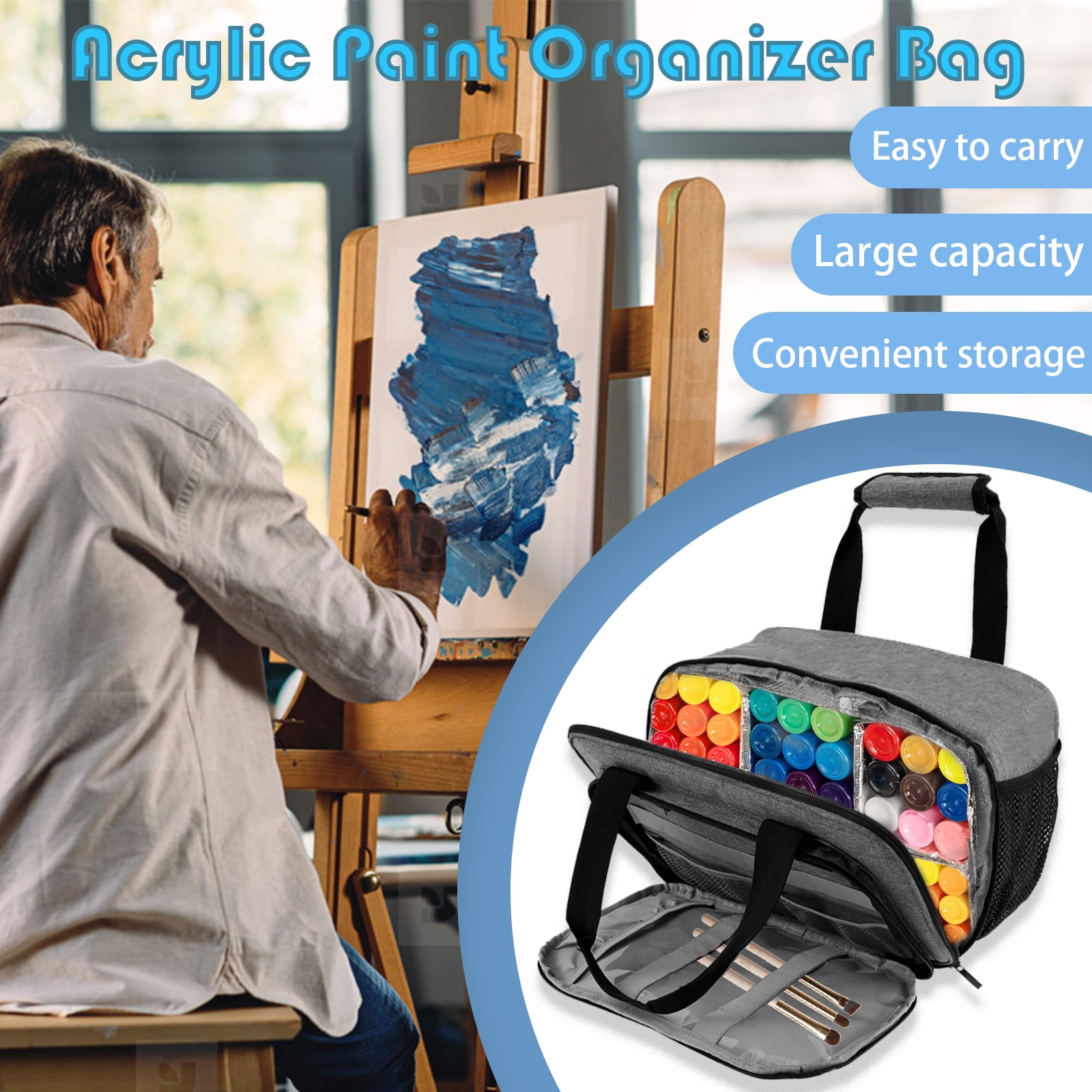 Acrylic Paint Organizer Bag Polyester Craft Paint Organizer with Aluminum Foil Liner Portable Art Supply Storage Case with Handle Strap for Paint Brushes Palette Board