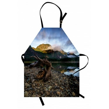 Driftwood Apron Landscape of a Mountain Lake and Cloudy Sky Driftwood on Rocky Shoreline, Unisex Kitchen Bib Apron with Adjustable Neck for Cooking Baking Gardening, Blue and Brown, by Ambesonne