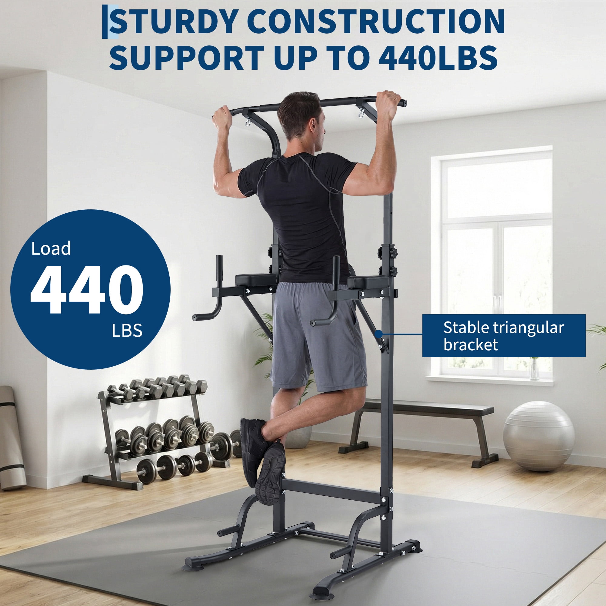 Multi-Function Power Tower Pull Up Bar Station with Backrest, Adjustable Height Strength Training Equipment for Gym, Heavy Duty Pull Up Dip Station