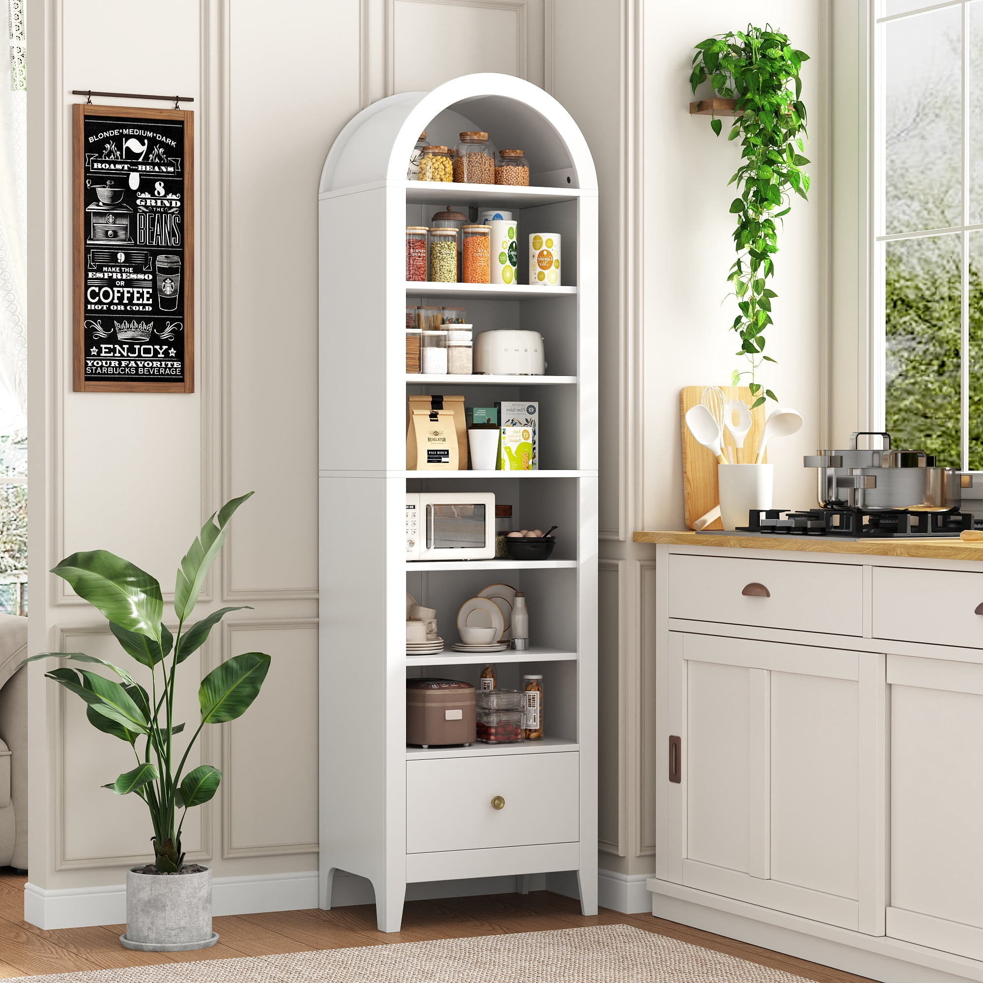 NEYGLIM 71" Tall Arched Storage Cabinet, 8-Tier Adjustable Shelves, Freestanding Pantry Cabinet for Kitchen Bathroom, White