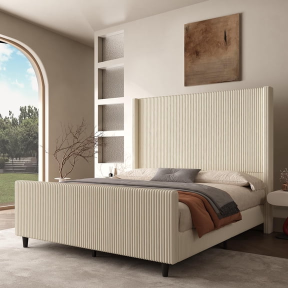 Queen Size Upholstered Cloud Platform Bed Frame, Wingback Bed with 50.7" High Headboard, Corduroy/Solid Metal Legs/No Box Spring