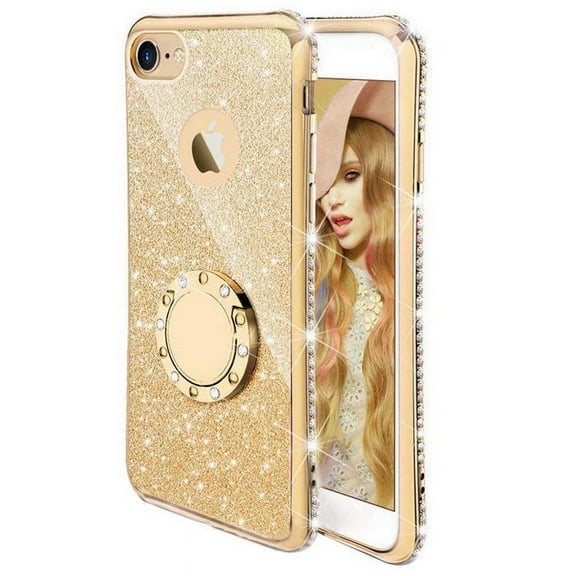 For iphone 13 pro max(6.7) Case, Glitter Luxury Bling Diamond Rhinestone Bumper with Ring Grip Kickstand Protective Thin Girly Case for Women(gold)