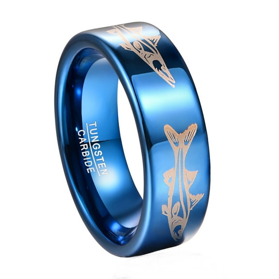 8mm Electroplating Blue Laser Tungsten Steel Ring with Fish Pattern