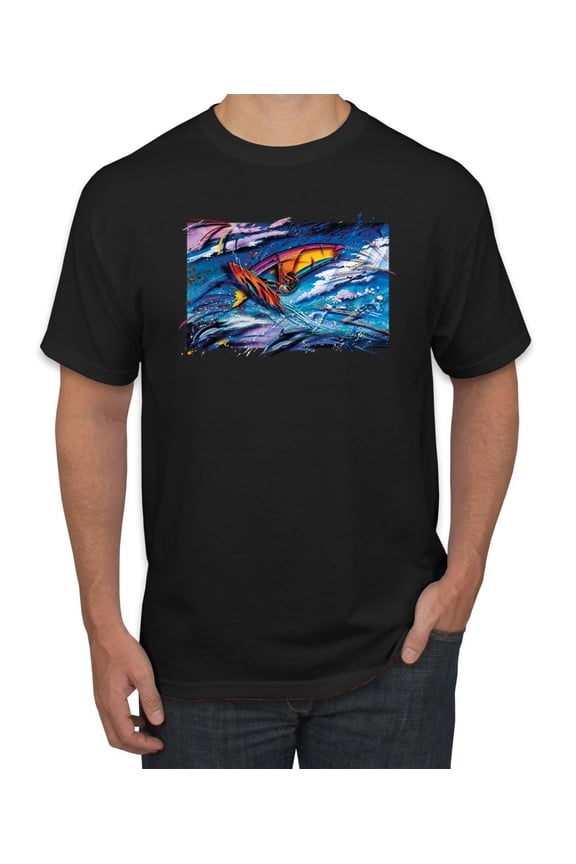 , Abstract Wind Surfer with Dolphins, Animal Lover, Men Graphic Tees, Black, 2XL