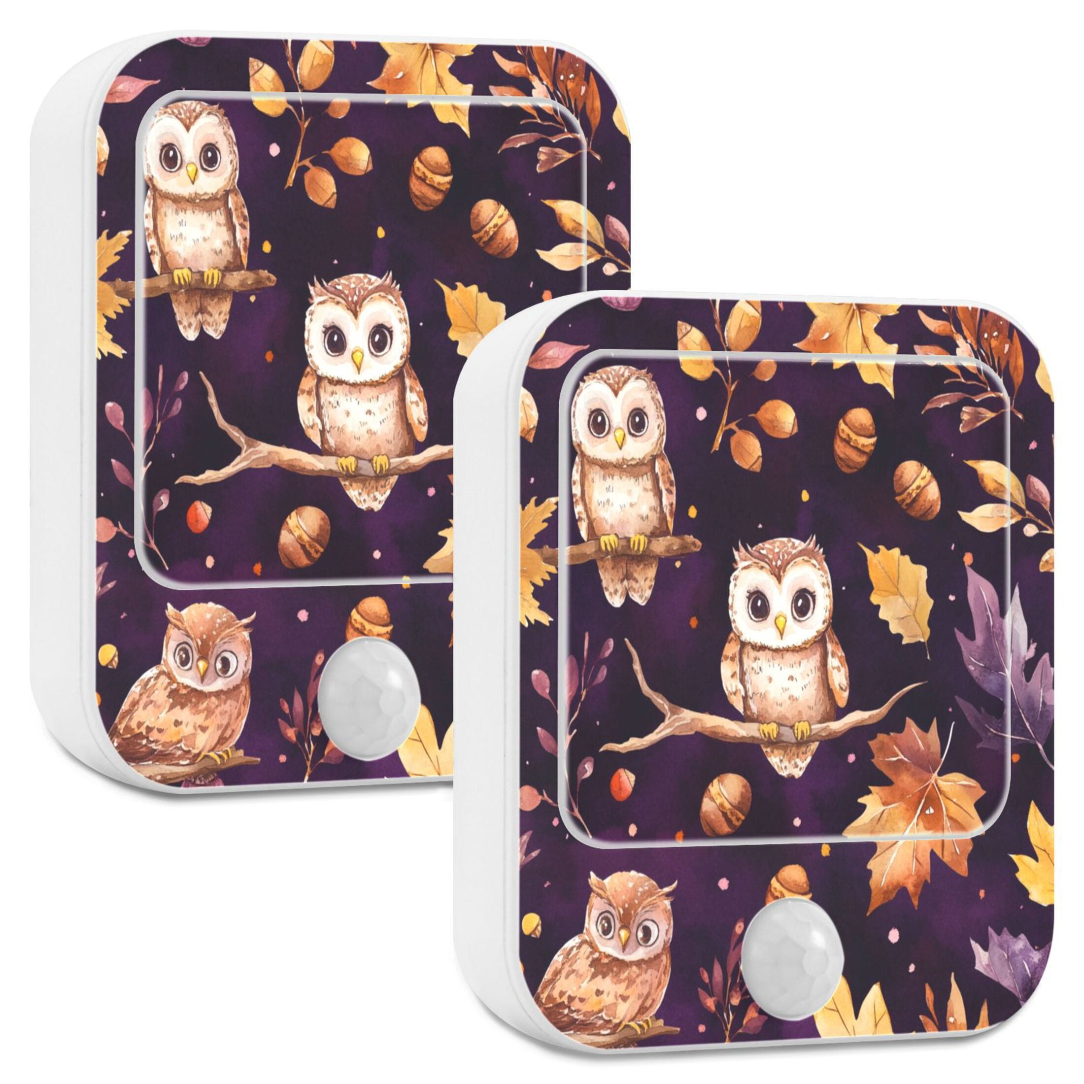 WOBOGO Adorable Baby Owls and Acorns Pattern Night Light Lamp with Smart Sensor Dusk to Dawn Sensor 0.6W Plug-in 2-Pack