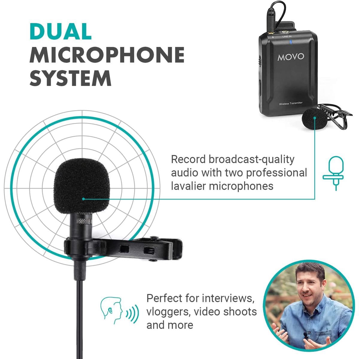 Movo Photo EDGE-OP-DUO Wireless Lavalier Microphone for DJI Osmo Pocket 1 and 2