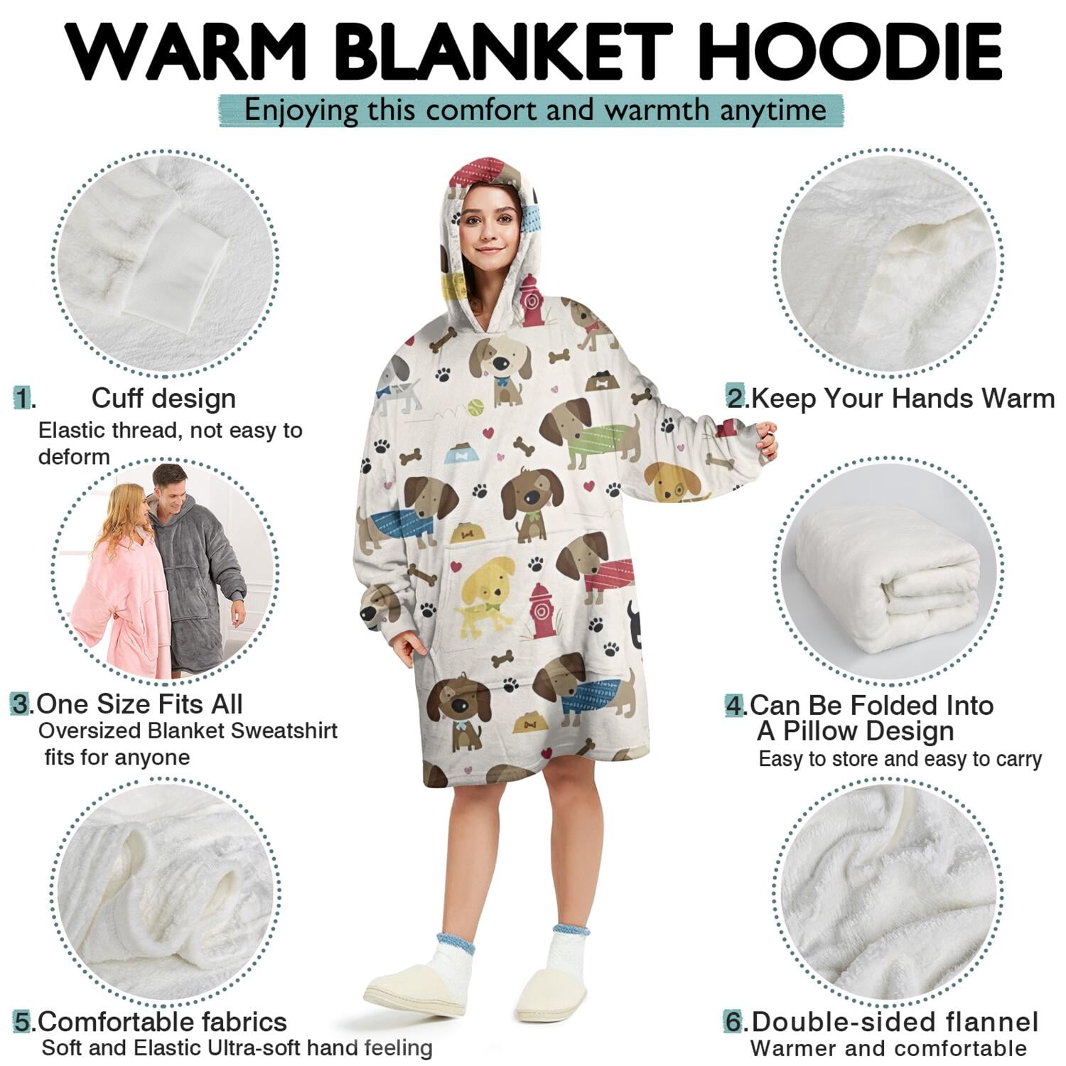 Rover Cream Dogs Bone Wearable Oversized Blanket,Wearable Blanket Hoodie for Adults,Cozy Hooded Blankets with Super Pockets,Super Warm Fuzzy Pullover for Women & Men
