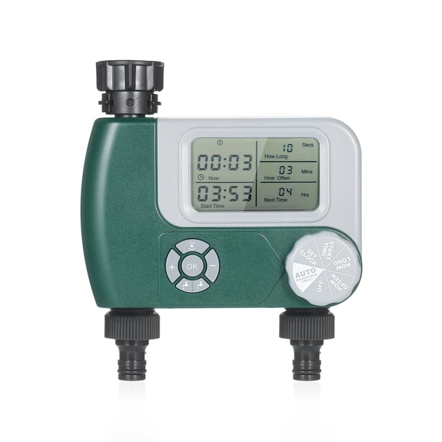 TFixol Programmable Digital Hose Faucet Timer Outdoor Battery Operated Automatic Watering Sprinkler System Irrigation Controller with 2 Outlet for Garden Plants (Batteries Not Included)