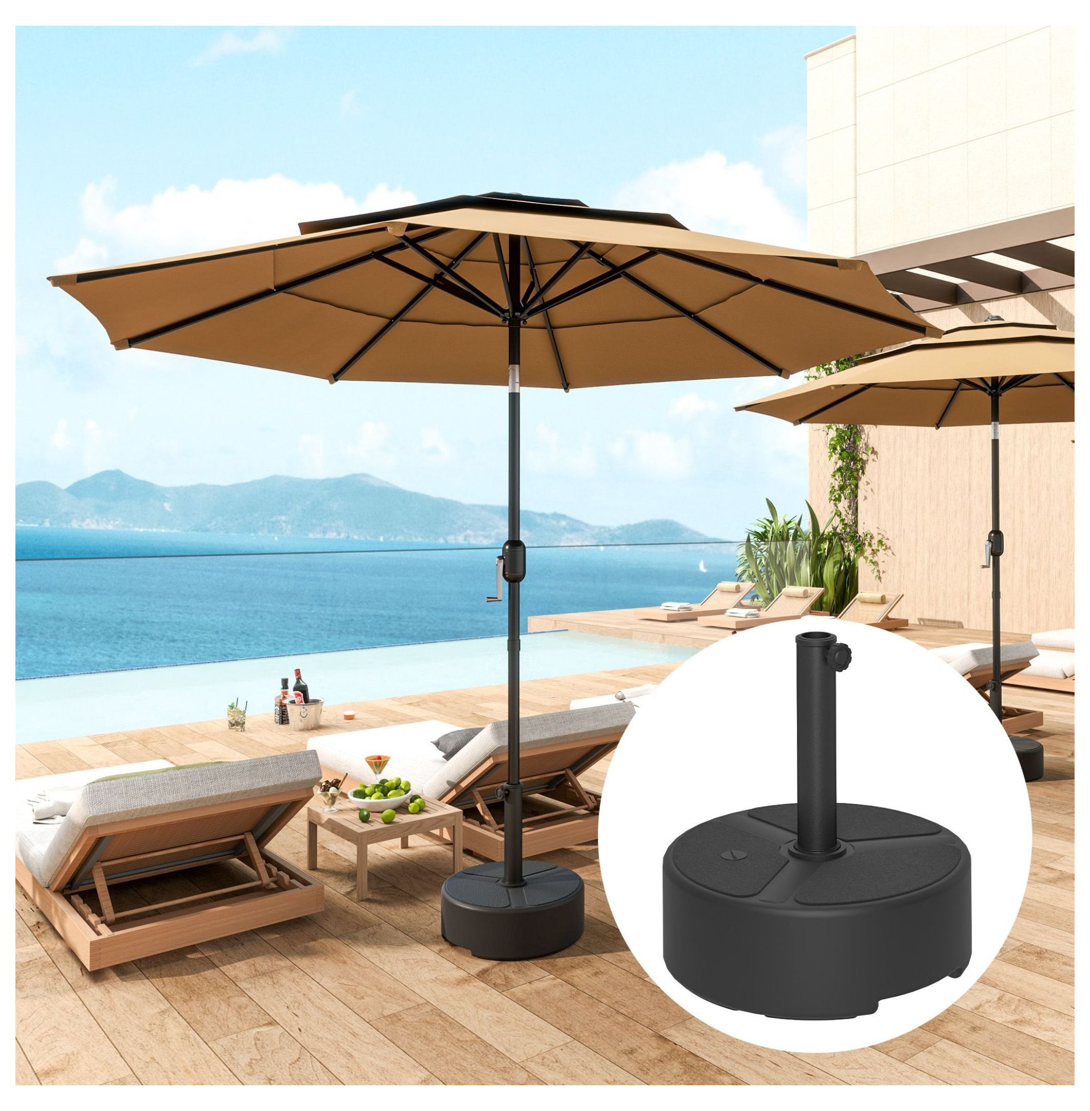 Patio Umbrella Base, 17.7in Heavy Duty Outdoor Stand - 44lbs Sand/40lbs Water Fill - Garden, Pool, Deck - Black - Fits 1.5"/1.9" Pole