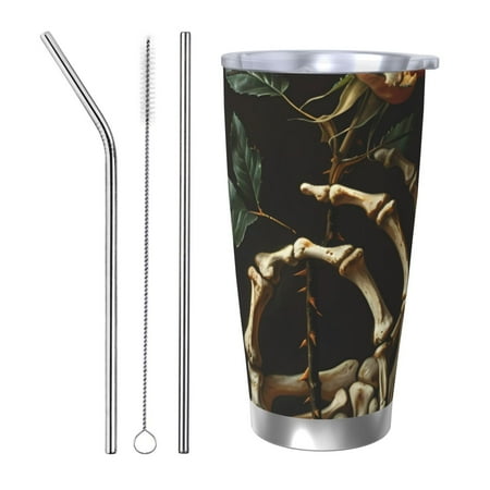

Goofa Skeleton Hand Rose Butterfly for 20 oz Skinny Tumbler Stainless Steel Coffee Mug Slim Vacuum Insulated Travel Cup Car Cup-Straw Three-piece Set