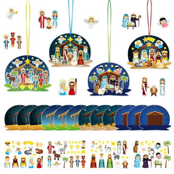 SIYTUAU Nativity Scene Stickers Religious Diy Decoration Set For Christmas Party With 12 Cards Ribbons Paper Material Kids Craft Activity Multicolor Storytelling Kit