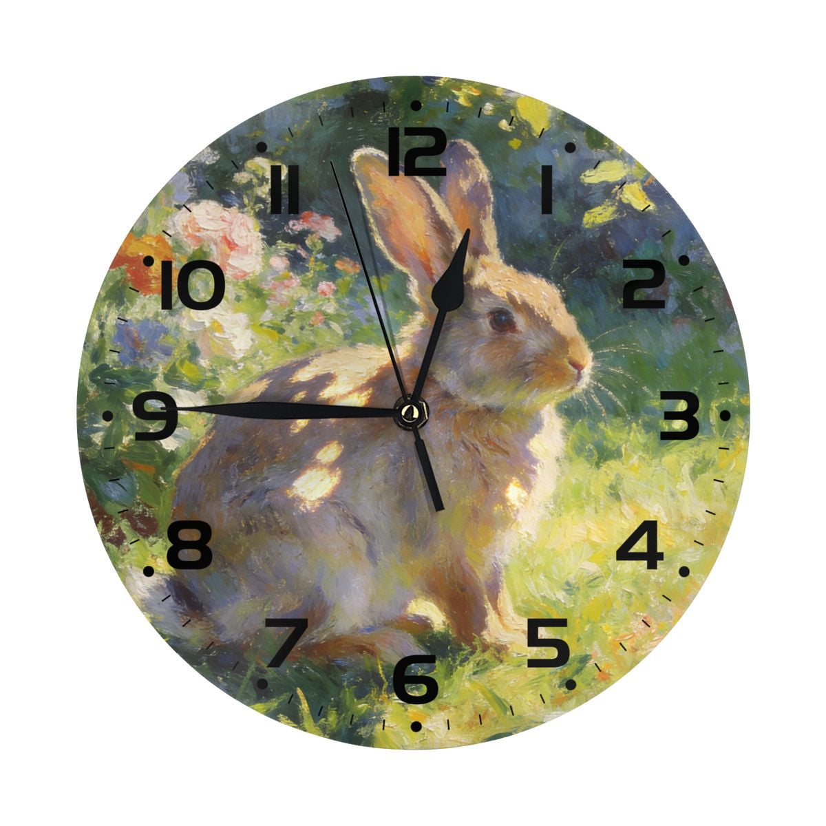 Zhmjortal Rabbit And Flowers Pattern Wall Clock Animal Pattern Bright Nature 10 Inch Silent Non Ticking Battery Operated Clock Vintage Round Clock for Living Room Bedroom Bathroom Office Decor