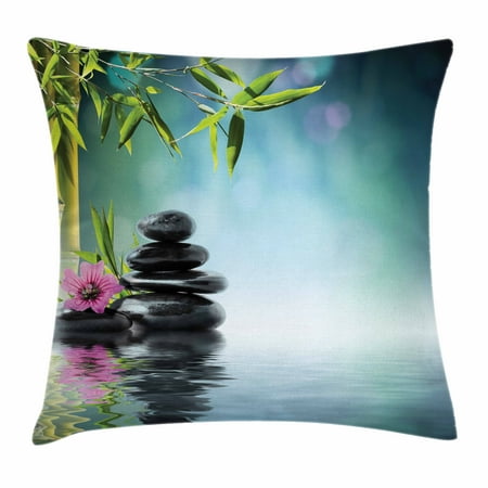 Bamboo Throw Pillow - Zen Garden Throw Pillow Cushion Cover, Pink Flower Spa Stones and Bamboo Tree on the Water Relaxation Theraphy Peace, Decorative Square Accent Pillow Case, 16 X 16 Inches, Multicolor, by Ambesonne