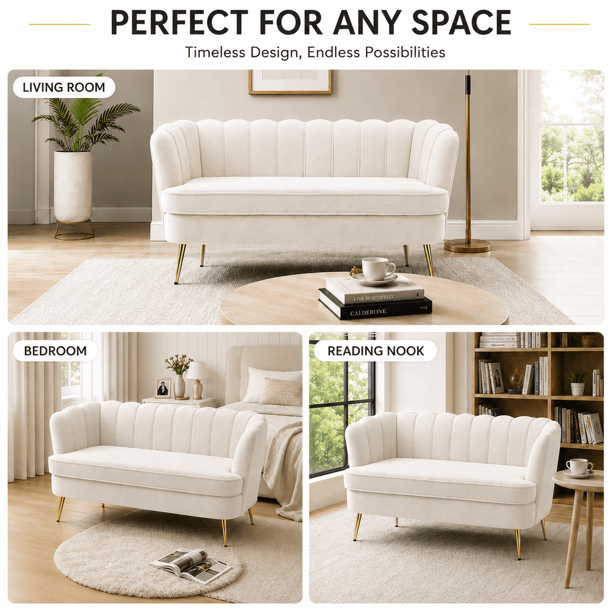 MOONMISS Scallop Tufted Loveseat,Premium Chenille Fabric 2-Seater Sofa with Gold Metal Legs,Curved Back for Living Room/Bedroom,Beige