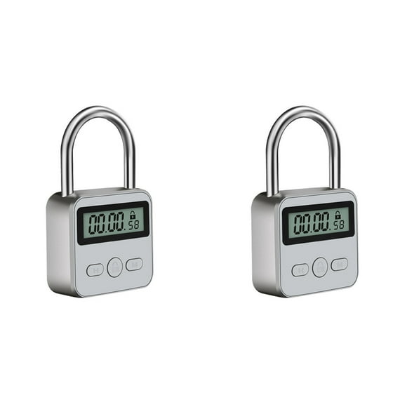 2X Metal Timer Lock LCD Display Multi-Function Electronic Time 99 Hours Max Timing USB Rechargeable Timer Padlock,Silver,2 x Time lock,Silver