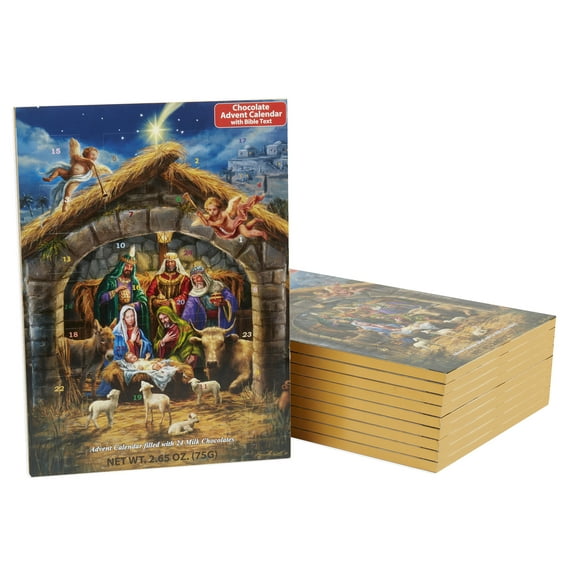 In the Manger Chocolate Advent Calendar (10-Pack) by Vermont Christmas Company - with Nativity Story & 24 Pieces of Shaped Milk Chocolate