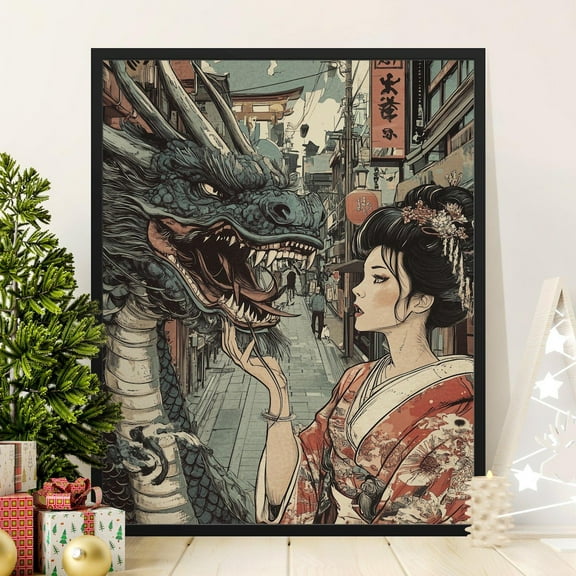 Japanese Dragon and Geisha Art Vintage Poster, Stunning Oriental Wall Decor, Unique Asian Artwork Print, Home Decor Gift, 8x12