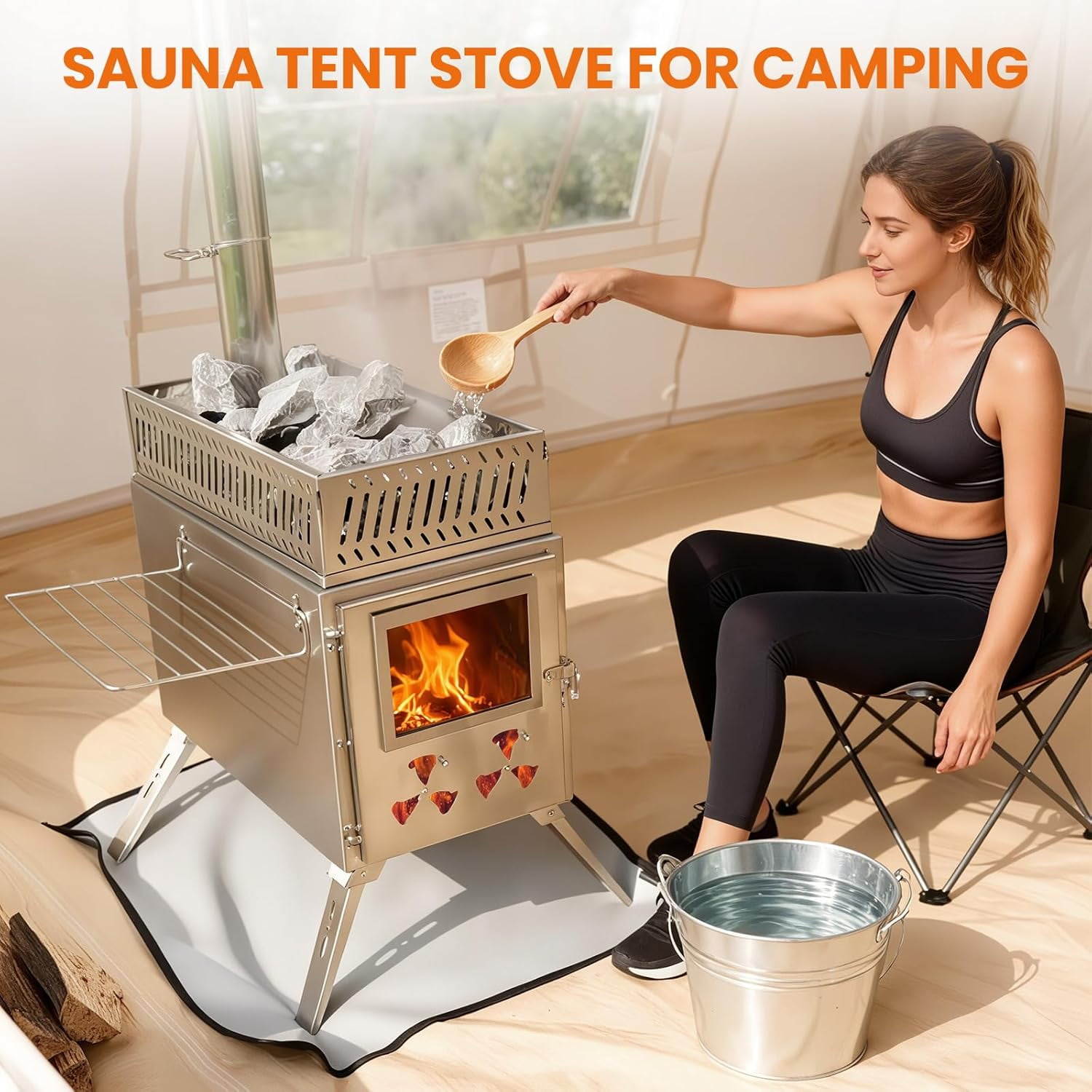 Mophoto Upgraded Wood Burning Sauna Hot Tent Stove,2 in 1 Tent Wood Burning Stove with Chimney Pipe for Outdoor Camping Heating, Camping,Hunting,Heating,Cooking,Ice Fishing,Boiling Water
