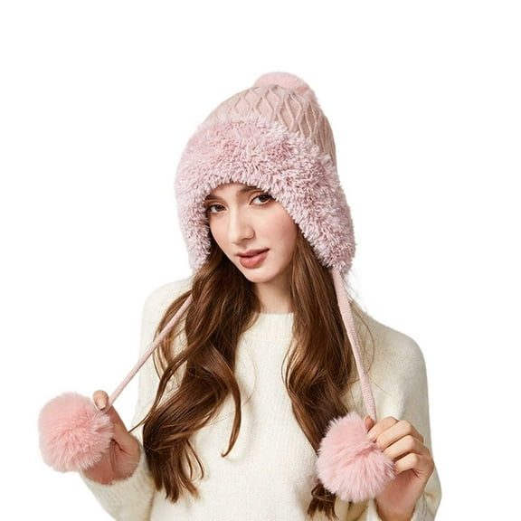 Women Pull-On Beanie With Pink Hat - Triple Pom Pom Plush Knit Ear Flap Design, Cute Warm Winter Gifts, For Snow Outdoor And Casual Style Christmas Gifts for Teens