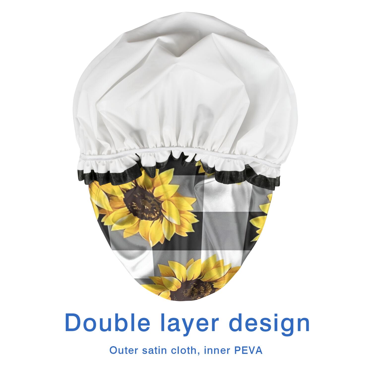 Shower Caps,Black White Gray Checker Sunflower Pattern Waterproof Shower Cap for Women 4 Pieces,Double Reusable Hair Cover for Shower PEVA Elastic Stretch Hem