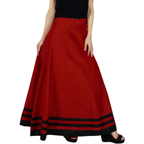 Bimba Women Long Maxi Skirt Dupion A-Line Boho Chic Skirts With Drawstring Waist