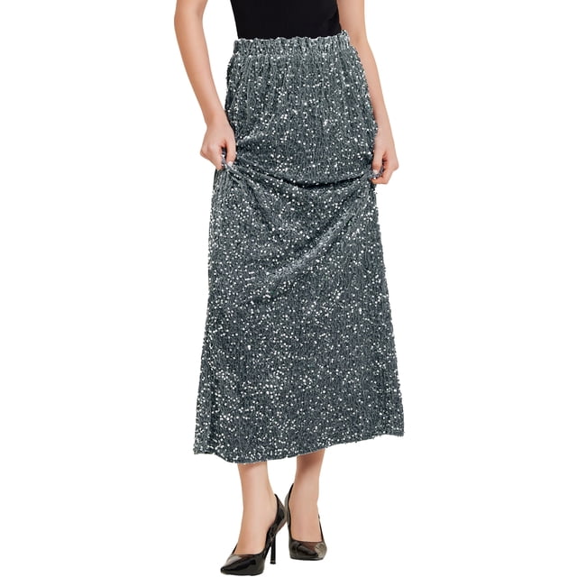 Falda Maxi de Terciopelo con Lentejuelas de Cintura Alta Elástica INSPIRE CHIC para Mujeres M Gris Oscuro