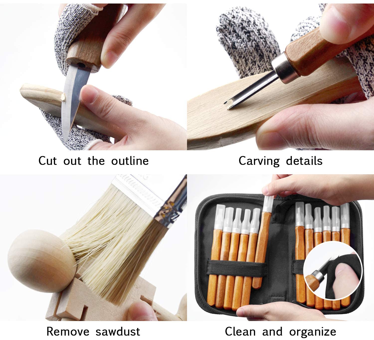 30 Pcs Wood Carving Tools Wood Whittling Kit Include Hand Carving Knife Set Wood Blocks Cut Resistant Gloves Sawdust Brush Sharpening Stone Polishing