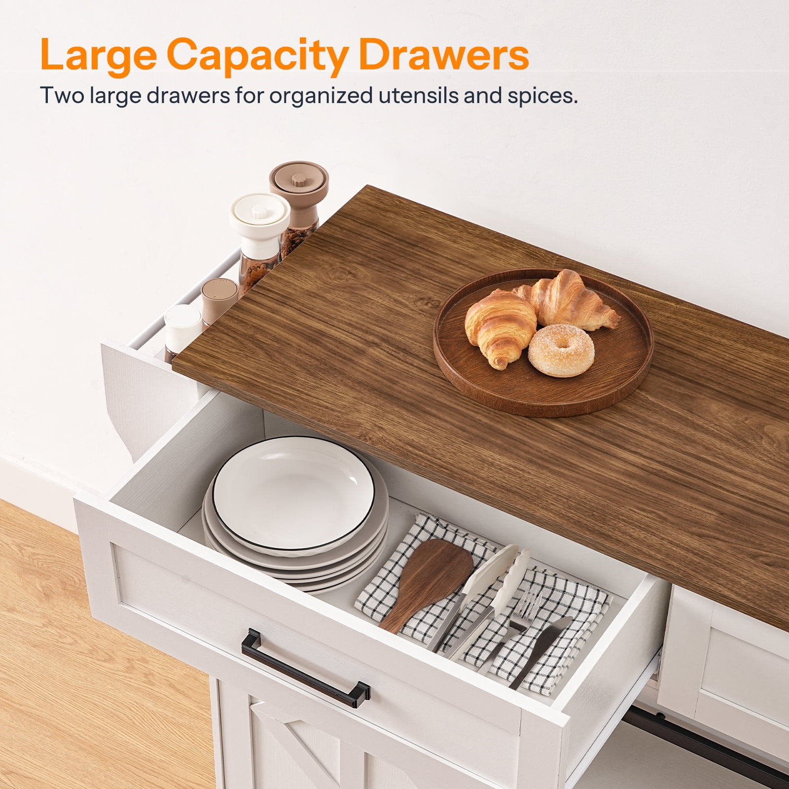 HOOBRO Kitchen Island with Storage, Power Outlet, Rolling Kitchen Island Cart on Wheels, with 2 Drawers, Sliding Barn Doors and Lockable Wheels, Farmhouse, White and Walnut WH28UZD01