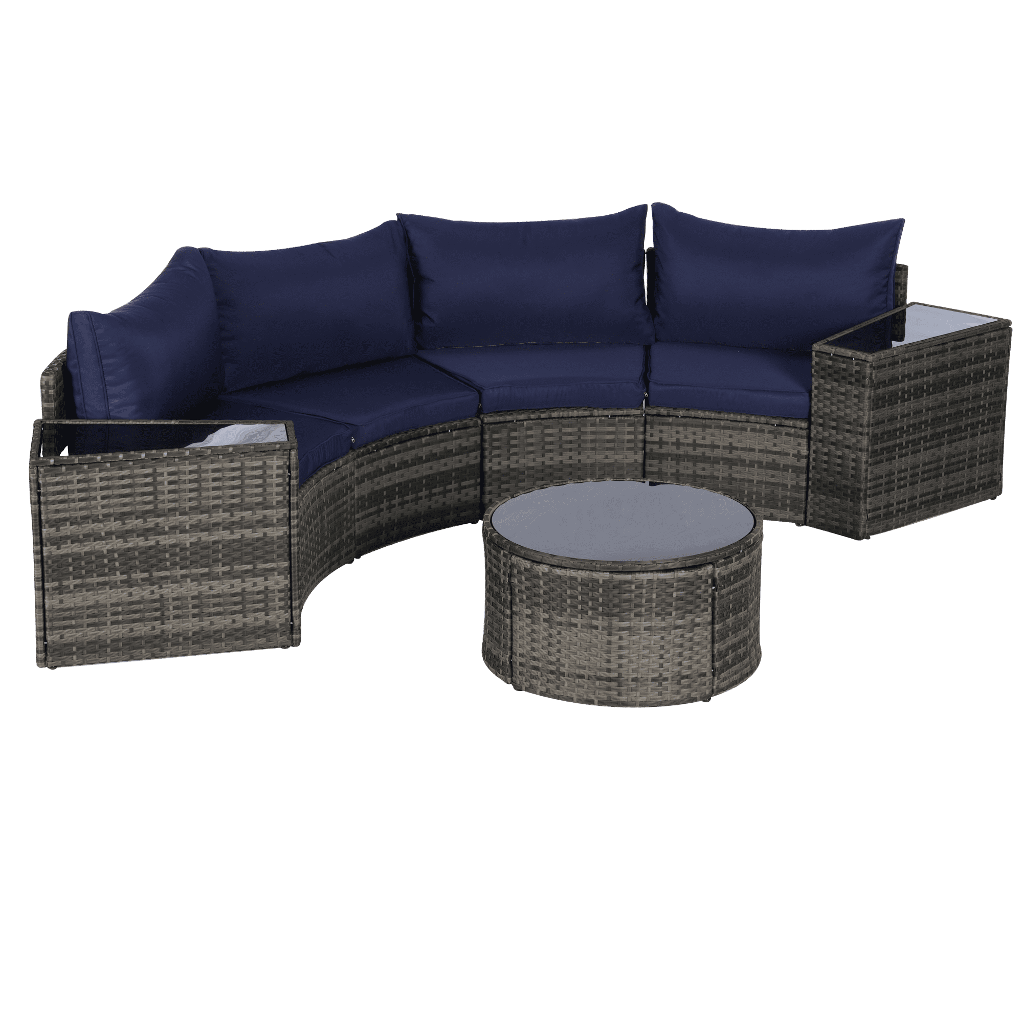 7-Piece Outdoor Patio Furniture Half-Moon Sectional Round Patio Furniture Set Sofa with Tempered Glass Round Coffee Table (Dark Blue)