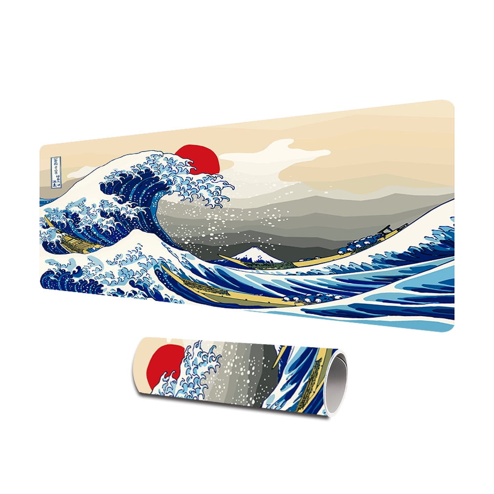 Japanese Sea Wave Large Mouse Pad,Cool Extended Gaming Desk Pad,Office Desk Mat,PU Leather Waterproof Mousepad,HD Printing, for School Office Home and Game,31.5' x 15.7' -Kanagawa Surfing