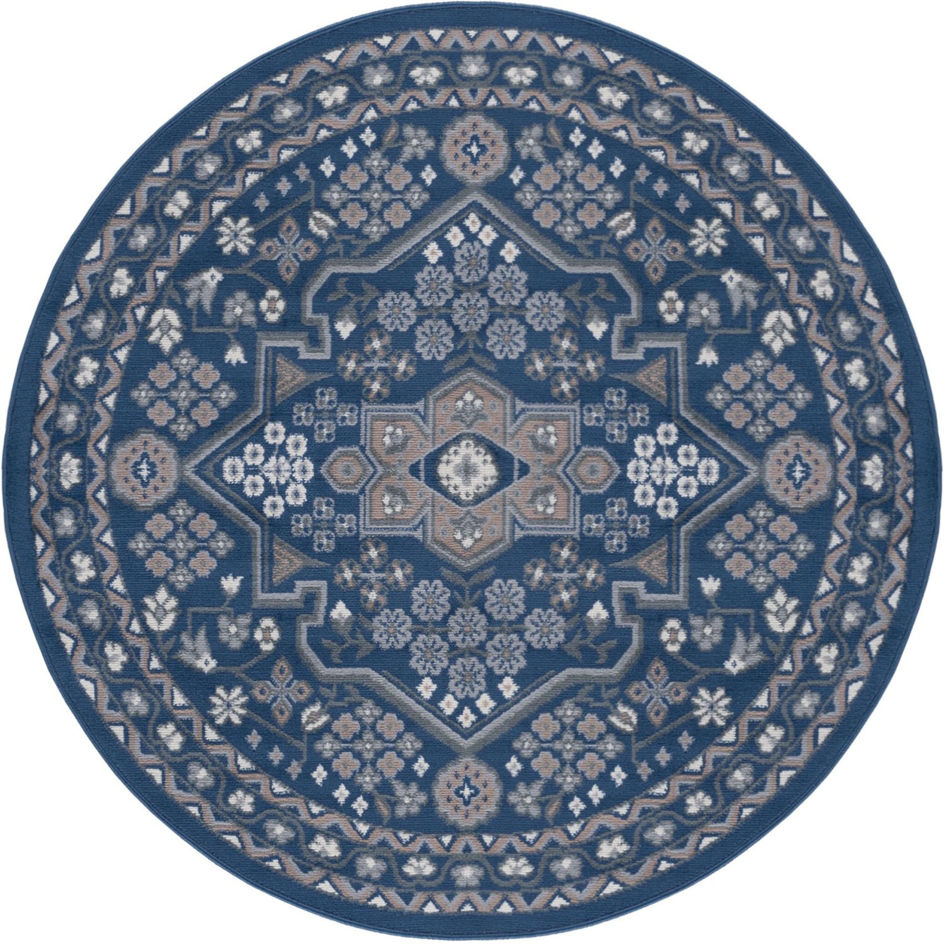 Hampton Traditional 5' Round Navy and Gray Polypropylene Indoor Area Rug