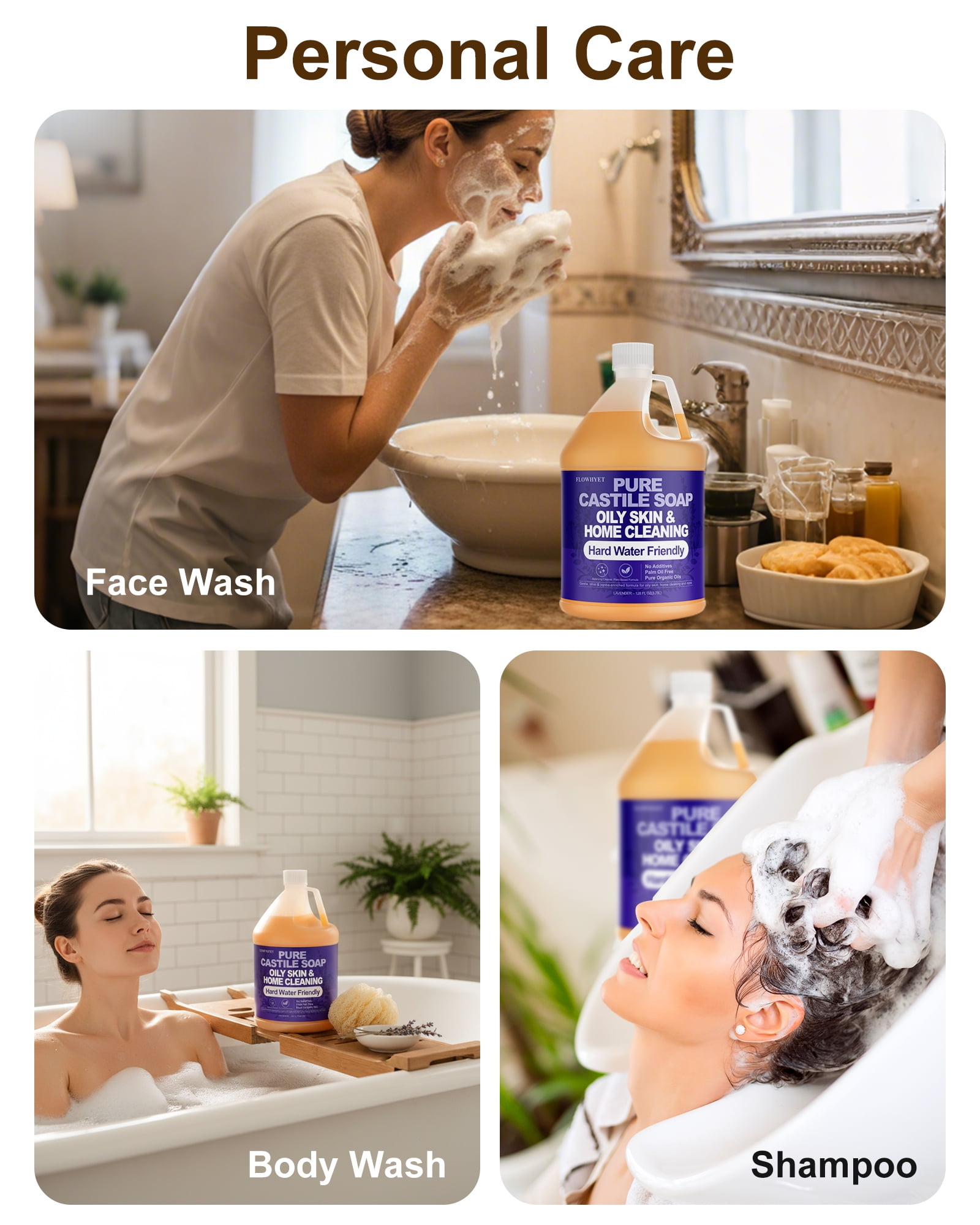 Pure Castile Soap Liquid Lavender 1 Gallon (128 fl oz) Refill – Natural Organic Body Wash, Hard Water Friendly Bath Soap Liquid for Oily Skin,Body,Face, Laundry & Home Cleaning