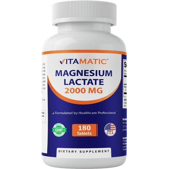 Vitamatic Magnesium Lactate 2000mg per Serving – 180 Tablets – Supports Muscle, Heart, Bone & Nervous System Health* – Non-GMO, Gluten Free, No Artificial Additives