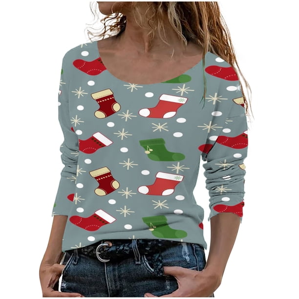 Camisas de Navidad Para Mujer, Tops de Cuello Redondo, Blusa de Otoño Holgada de Manga Larga Con Estampado Informal A La Moda, Jersey Odeerbi ODB196973