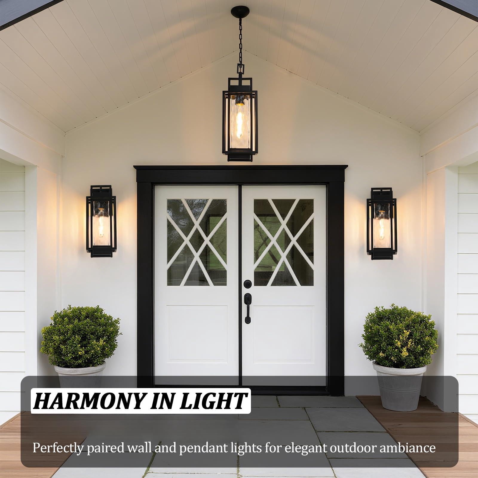 2-pack Modern Outdoor Wall Lights With 2 Led Bulbs  15'' Exterior Lighting Fixtures Mount Water Ripple Glass Black Porch Sconces Outside For House Garage