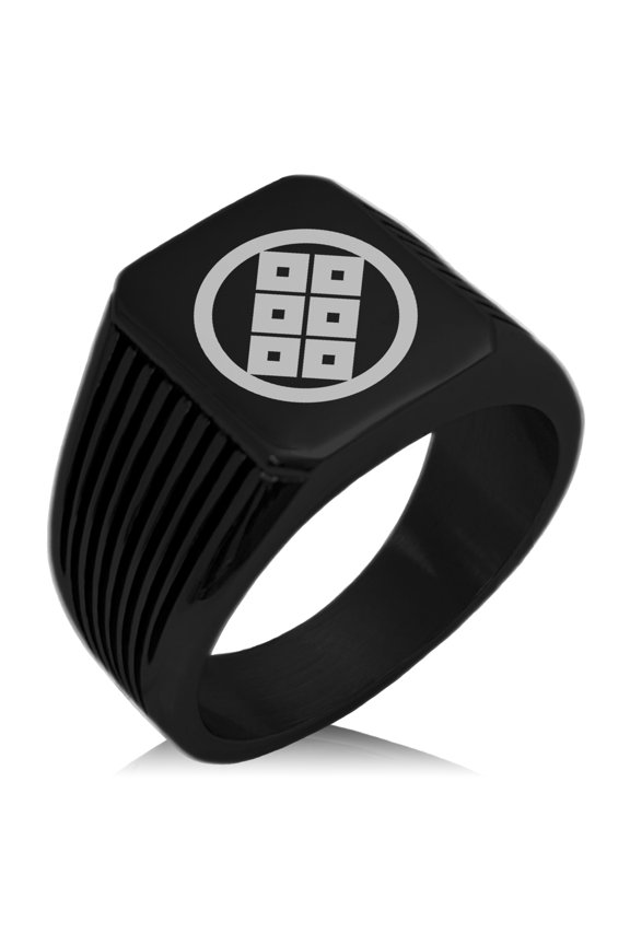 Stainless Steel Shoni Samurai Crest Needle Stripe Pattern Biker Style Polished Ring