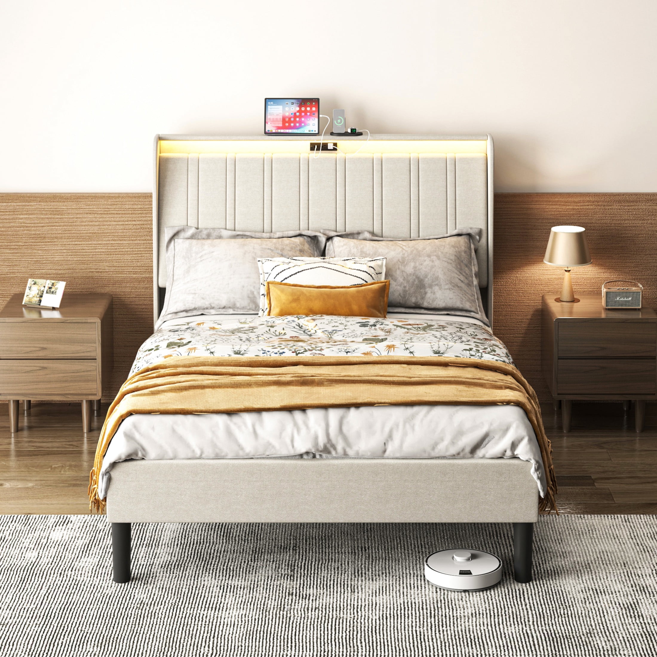 Noble House Sora Twin Size Upholstered Platform Bed Frame with USB Ports, Wood Slats Support, Beige