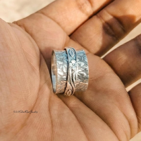 TRIDHA SILVER- Silver Spinner Ring - Wide Band Textured 925 Sterling Silver Botanical Anxiety Relief Fidget Jewelry Gift for Stress Relief
