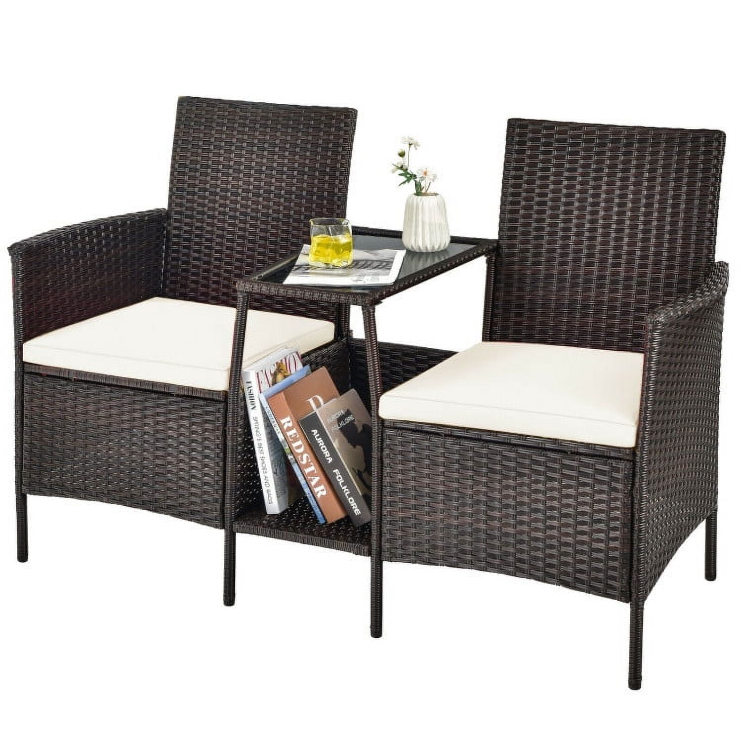 Aimee Lii Rattaner Outdoor Patio Furniture, Patio Rattan Wicker Conversation Set Sofa Cushioned Loveseat Glass Table, White Aimee Lii Rattaner Outdoor Patio Furniture, Patio Rattan Wicker Conversation Set Sofa Cushioned Loveseat Glass Table, White