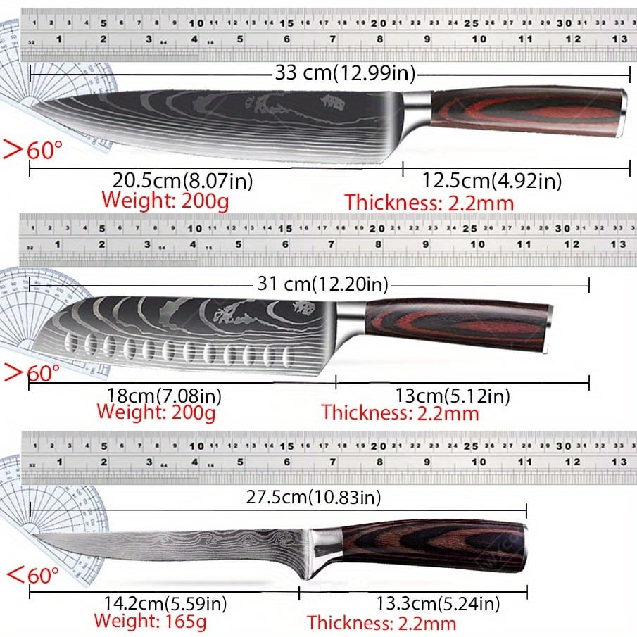 WXCOO 3 Pcs,Kitchen Chef Knife Set, High Carbon Stainless Steel Damascus Drawing Gyuto Cleaver Set Slicer Santoku Knife Chef Knife Vegetable Knife Meat Cleaver Utility Knife Professional Boning Knife